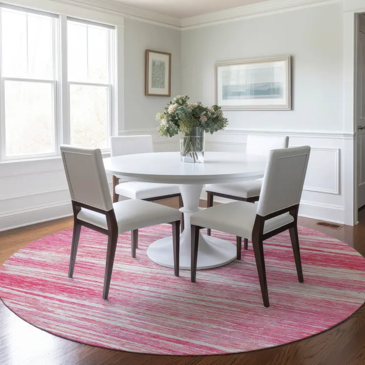 8' Pink And Ivory Round Striped Washable Indoor Outdoor Area Rug