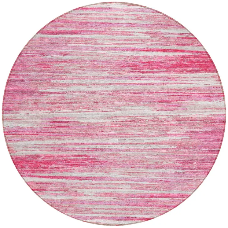 8' Pink And Ivory Round Striped Washable Indoor Outdoor Area Rug