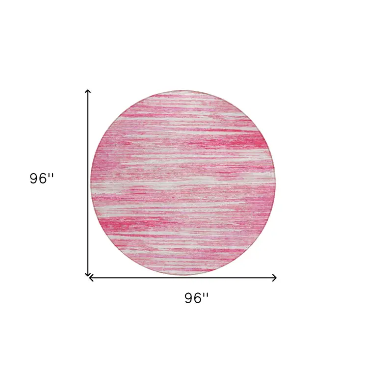 8' Pink And Ivory Round Striped Washable Indoor Outdoor Area Rug