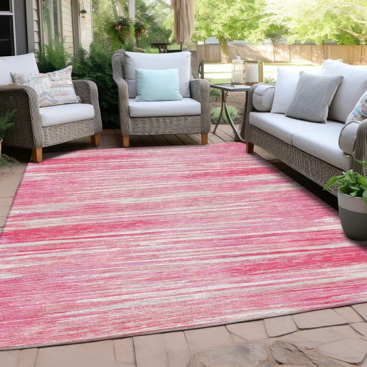 8' X 10' Pink And Ivory Striped Washable Indoor Outdoor Area Rug