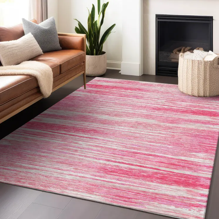 8' X 10' Pink And Ivory Striped Washable Indoor Outdoor Area Rug