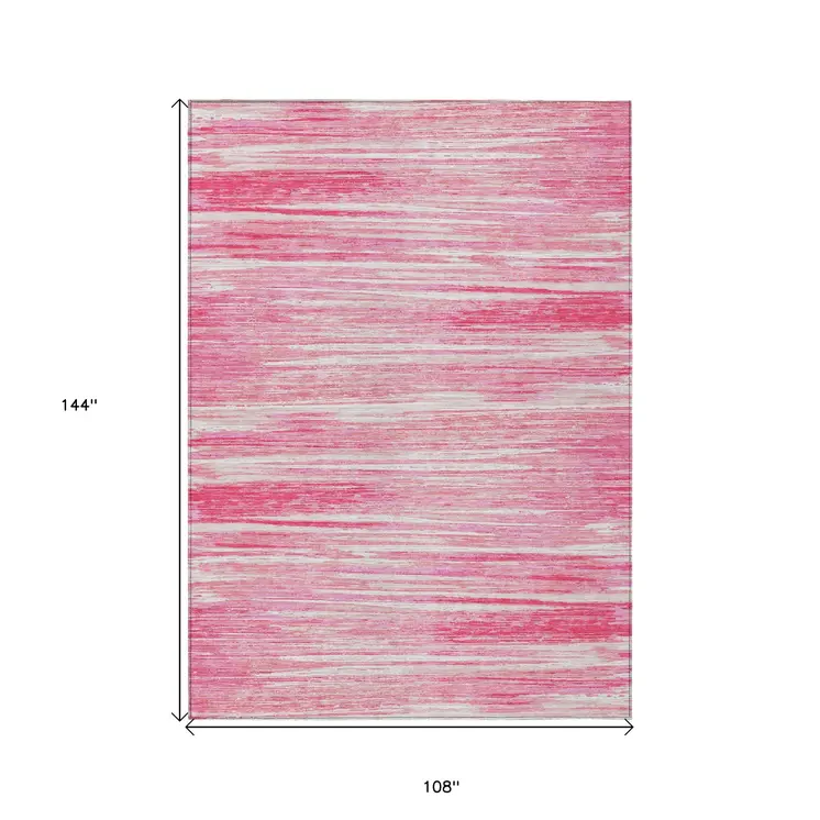 9' X 12' Pink And Ivory Striped Washable Indoor Outdoor Area Rug