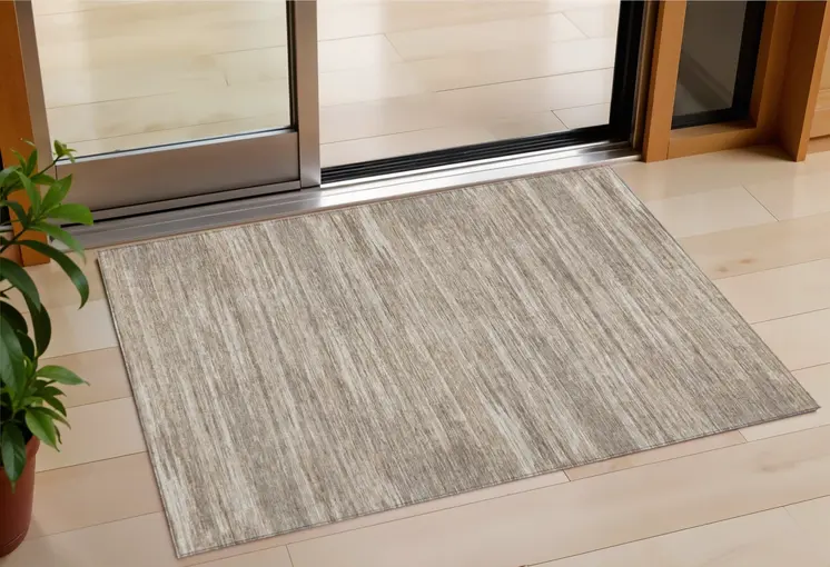 3' X 5' Taupe Gray And Ivory Striped Washable Indoor Outdoor Area Rug