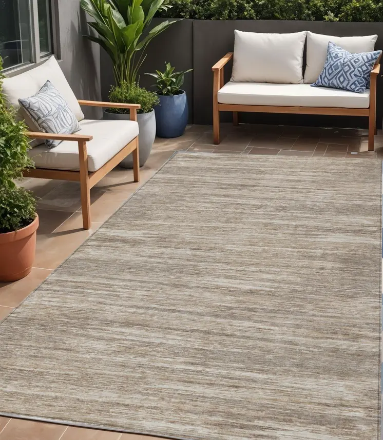 5' X 8' Taupe Gray And Ivory Striped Washable Indoor Outdoor Area Rug