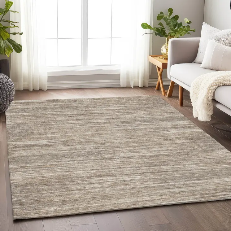 10' X 14' Taupe Gray And Ivory Striped Washable Indoor Outdoor Area Rug