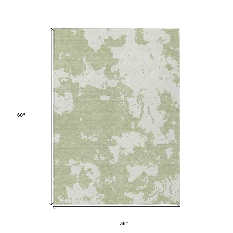 3' X 5' Artichoke Green And Ivory Abstract Washable Indoor Outdoor Area Rug