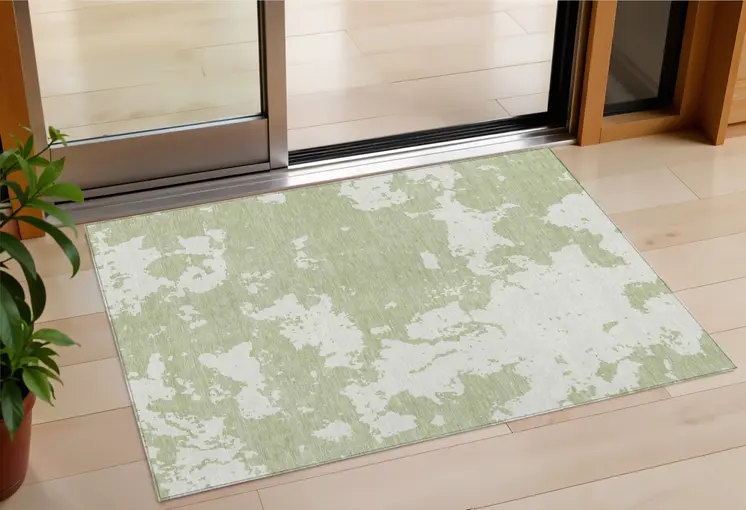 3' X 5' Artichoke Green And Ivory Abstract Washable Indoor Outdoor Area Rug