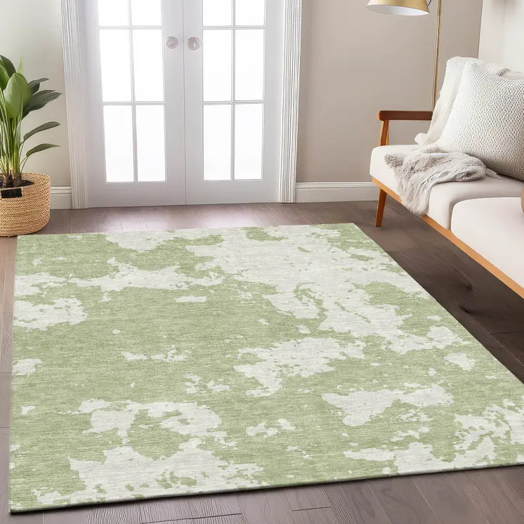 3' X 5' Artichoke Green And Ivory Abstract Washable Indoor Outdoor Area Rug