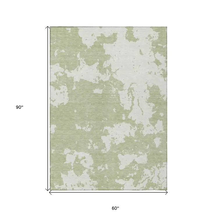 5' X 8' Artichoke Green And Ivory Abstract Washable Indoor Outdoor Area Rug