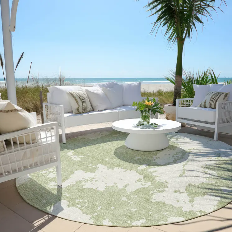 8' Artichoke Green And Ivory Round Abstract Washable Indoor Outdoor Area Rug