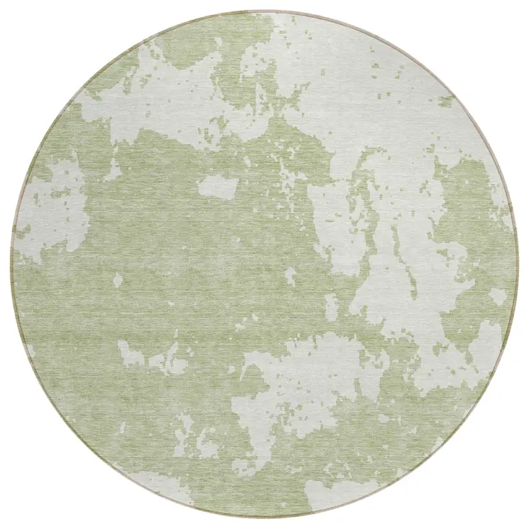 8' Artichoke Green And Ivory Round Abstract Washable Indoor Outdoor Area Rug