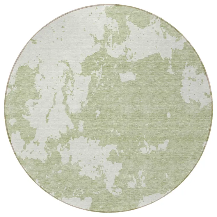 8' Artichoke Green And Ivory Round Abstract Washable Indoor Outdoor Area Rug