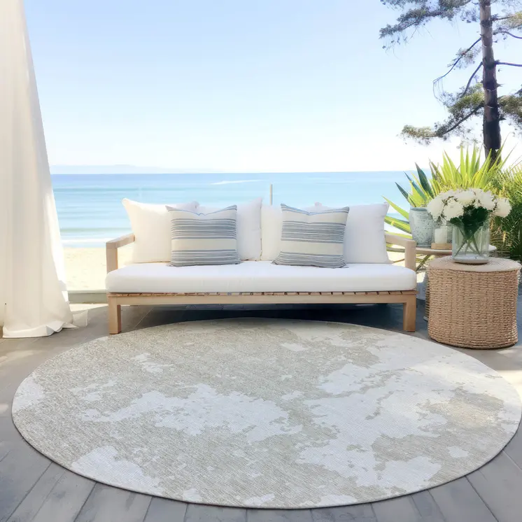 8' Beige And Ivory Round Abstract Washable Indoor Outdoor Area Rug