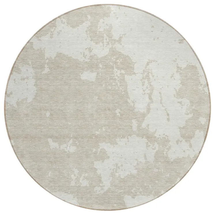 8' Beige And Ivory Round Abstract Washable Indoor Outdoor Area Rug