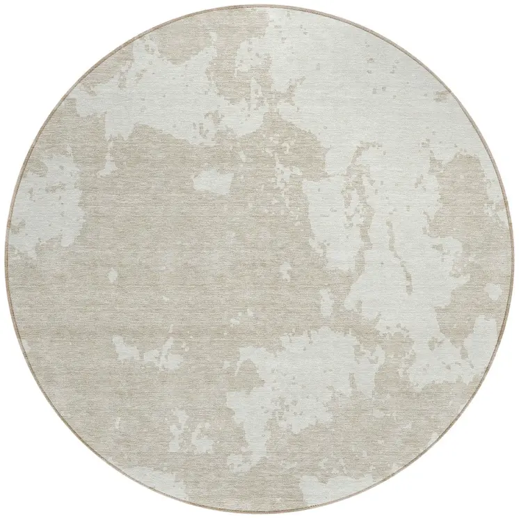 8' Beige And Ivory Round Abstract Washable Indoor Outdoor Area Rug