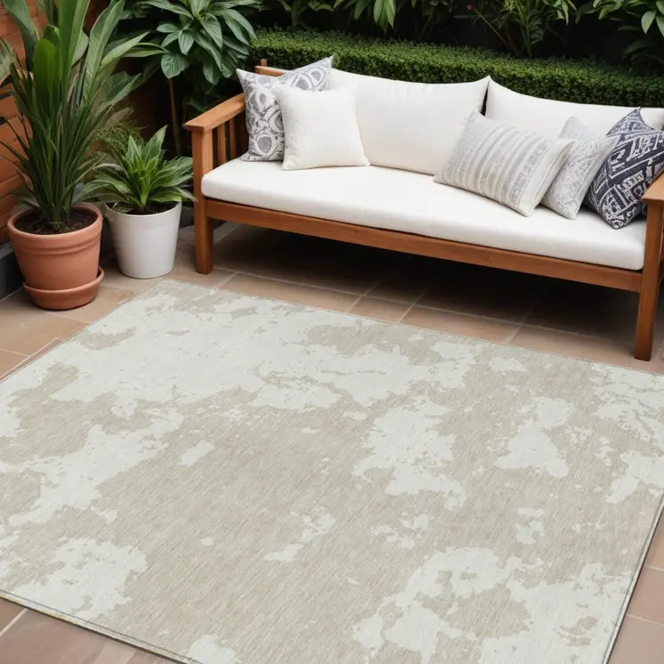 9' X 12' Beige And Ivory Abstract Washable Indoor Outdoor Area Rug