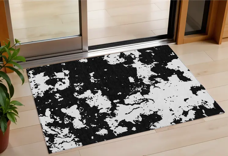 3' X 5' Black And Ivory Abstract Washable Indoor Outdoor Area Rug