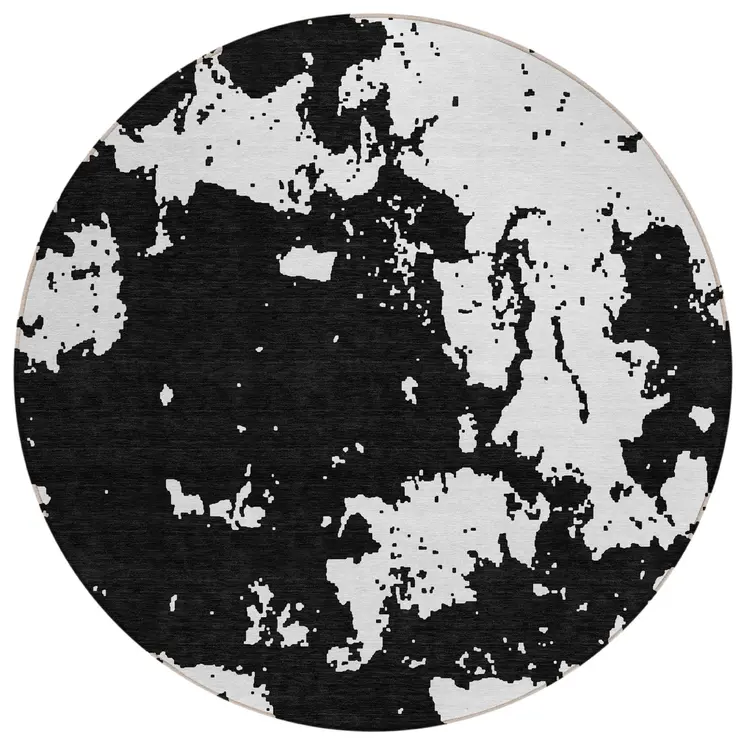 8' Black And Ivory Round Abstract Washable Indoor Outdoor Area Rug
