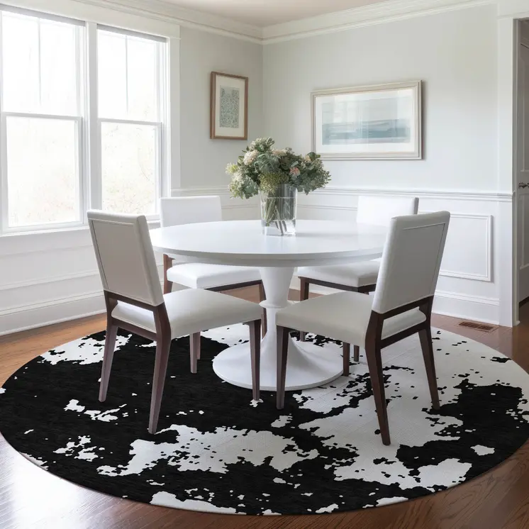 8' Black And Ivory Round Abstract Washable Indoor Outdoor Area Rug