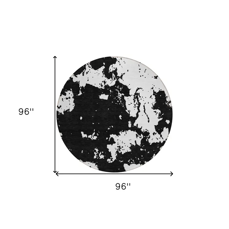 8' Black And Ivory Round Abstract Washable Indoor Outdoor Area Rug
