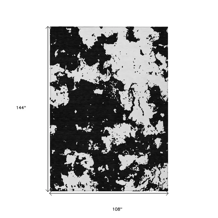 9' X 12' Black And Ivory Abstract Washable Indoor Outdoor Area Rug