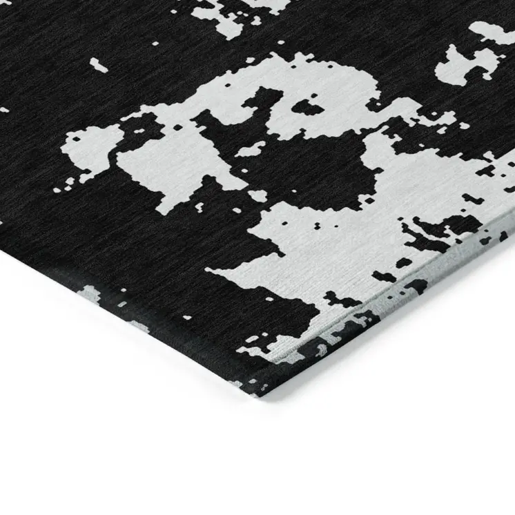 9' X 12' Black And Ivory Abstract Washable Indoor Outdoor Area Rug