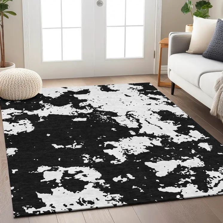 9' X 12' Black And Ivory Abstract Washable Indoor Outdoor Area Rug