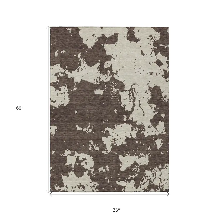 3' X 5' Brown And Beige Abstract Washable Indoor Outdoor Area Rug