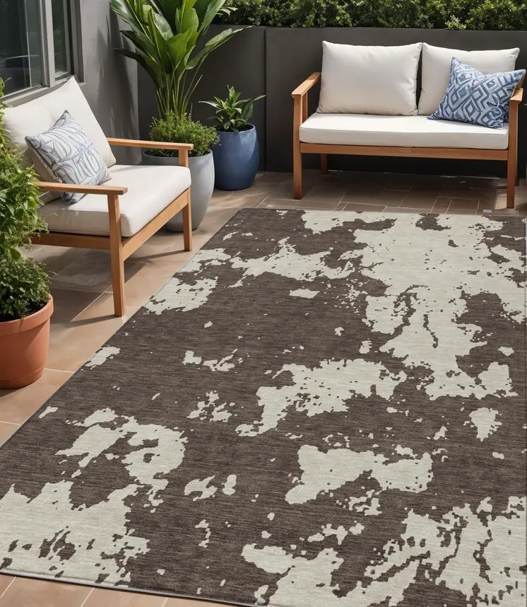 5' X 8' Brown And Beige Abstract Washable Indoor Outdoor Area Rug