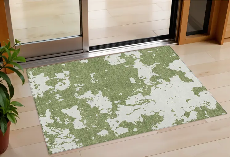 3' X 5' Green And Ivory Abstract Washable Indoor Outdoor Area Rug