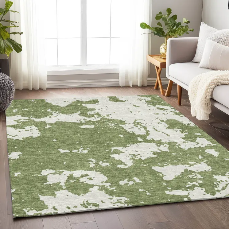 3' X 5' Green And Ivory Abstract Washable Indoor Outdoor Area Rug