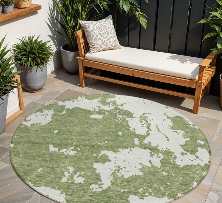 8' Green And Ivory Round Abstract Washable Indoor Outdoor Area Rug