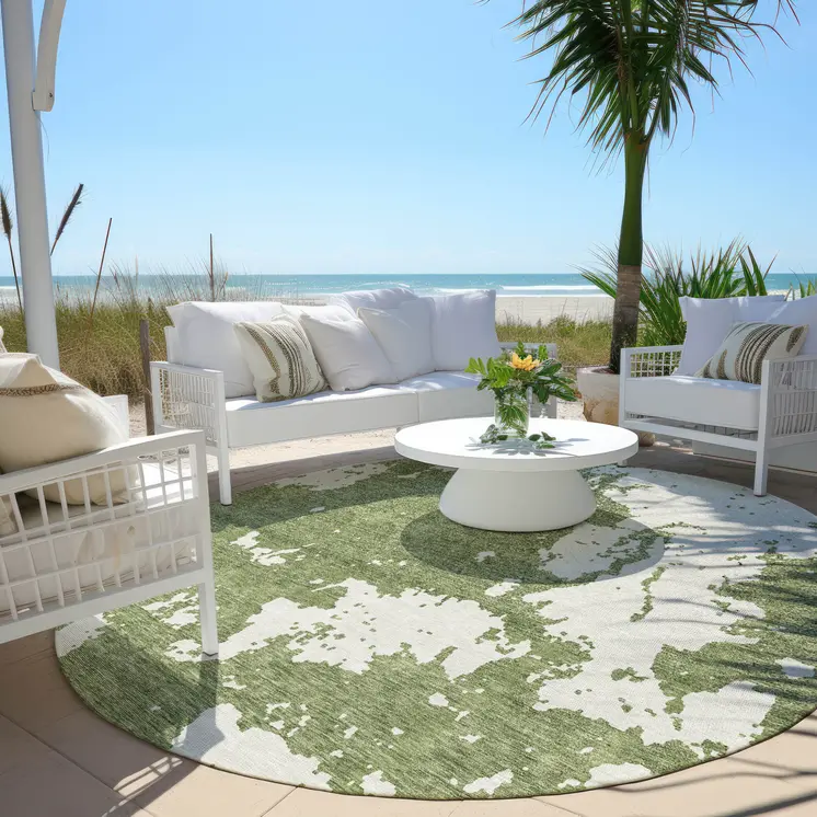 8' Green And Ivory Round Abstract Washable Indoor Outdoor Area Rug