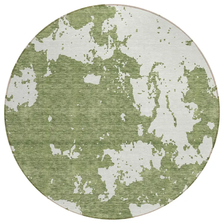 8' Green And Ivory Round Abstract Washable Indoor Outdoor Area Rug
