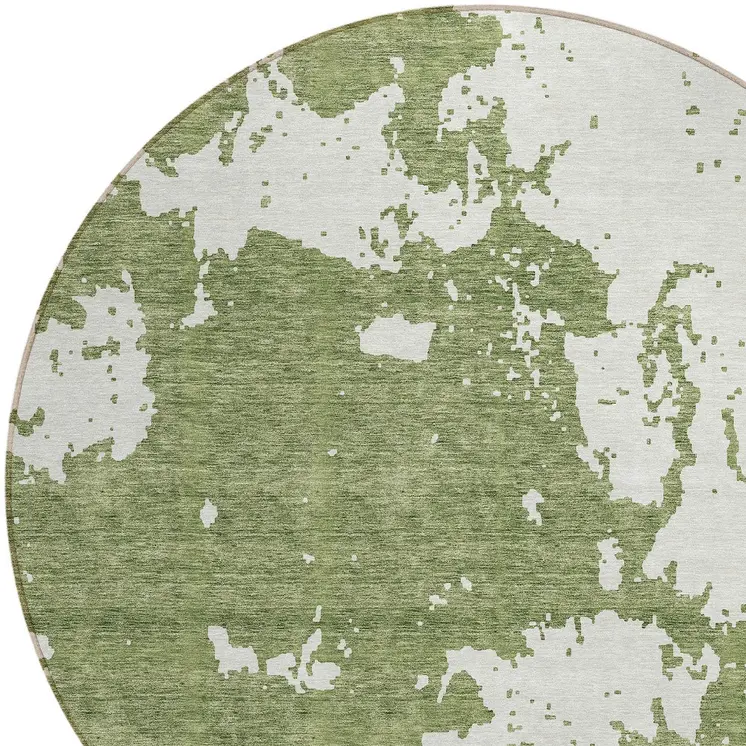 8' Green And Ivory Round Abstract Washable Indoor Outdoor Area Rug