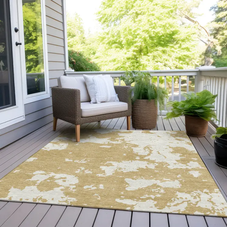 3' X 5' Gold And Ivory Abstract Washable Indoor Outdoor Area Rug