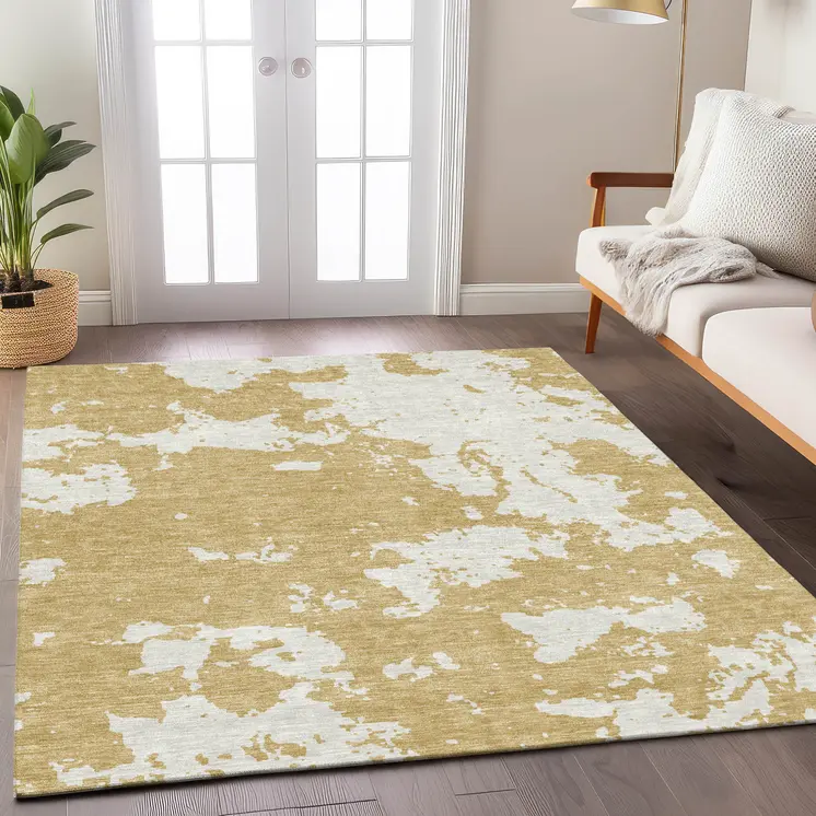 3' X 5' Gold And Ivory Abstract Washable Indoor Outdoor Area Rug