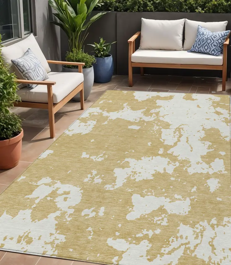 5' X 8' Gold And Ivory Abstract Washable Indoor Outdoor Area Rug