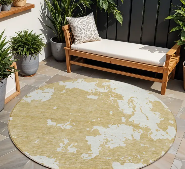 8' Gold And Ivory Round Abstract Washable Indoor Outdoor Area Rug
