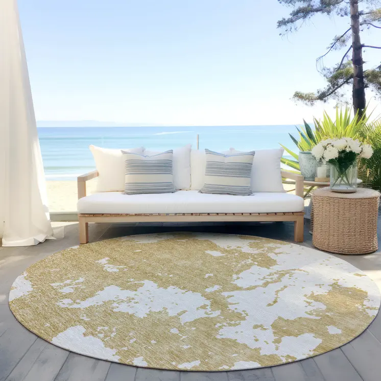 8' Gold And Ivory Round Abstract Washable Indoor Outdoor Area Rug