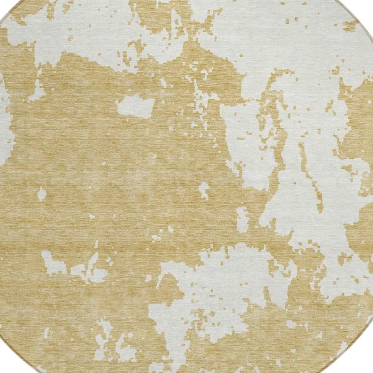 8' Gold And Ivory Round Abstract Washable Indoor Outdoor Area Rug