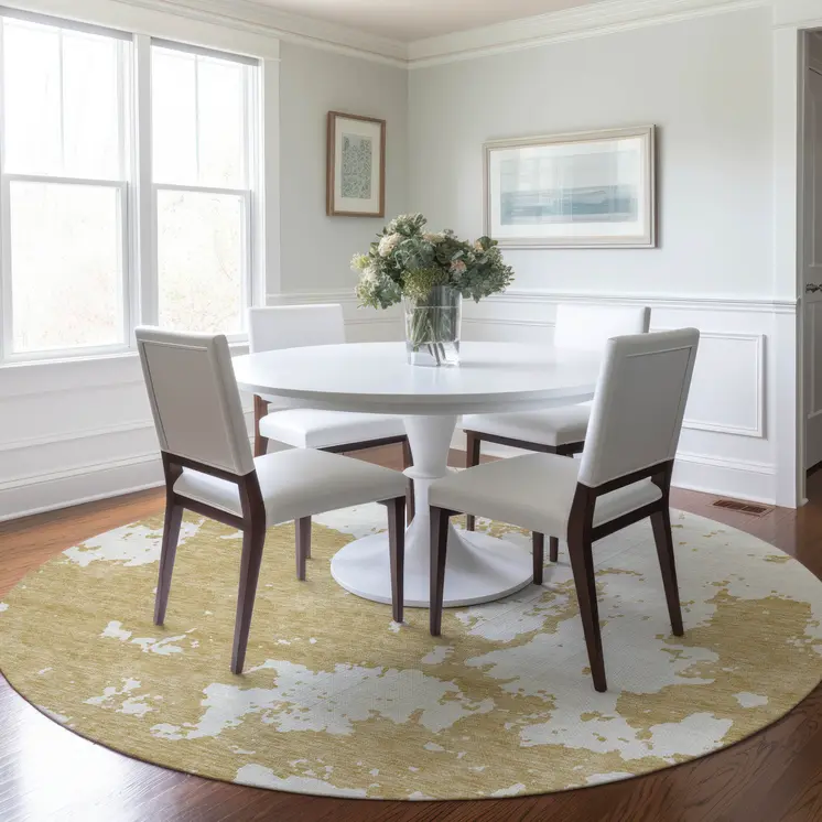 8' Gold And Ivory Round Abstract Washable Indoor Outdoor Area Rug