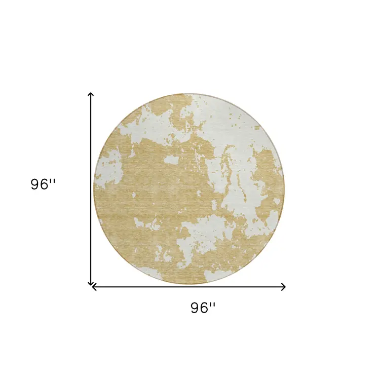 8' Gold And Ivory Round Abstract Washable Indoor Outdoor Area Rug