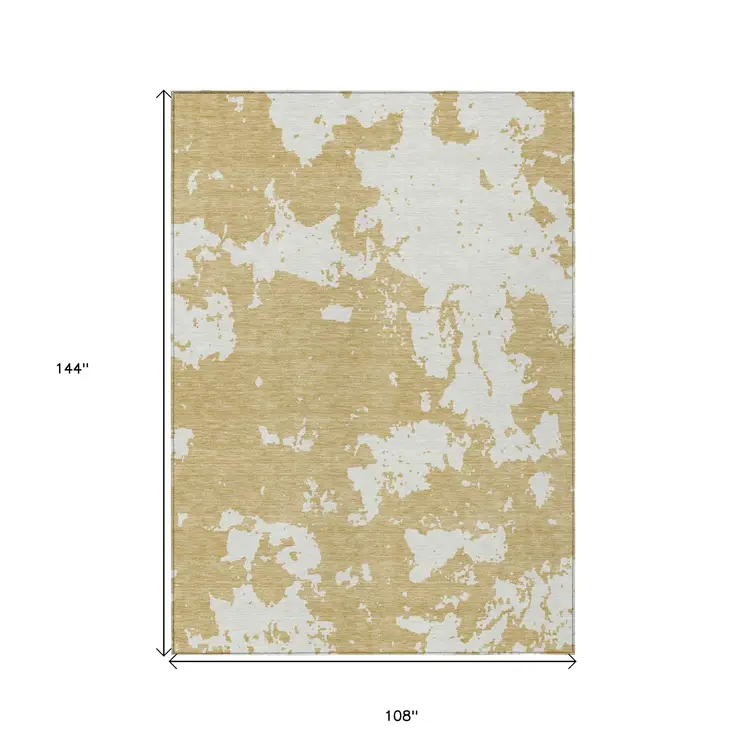 9' X 12' Gold And Ivory Abstract Washable Indoor Outdoor Area Rug