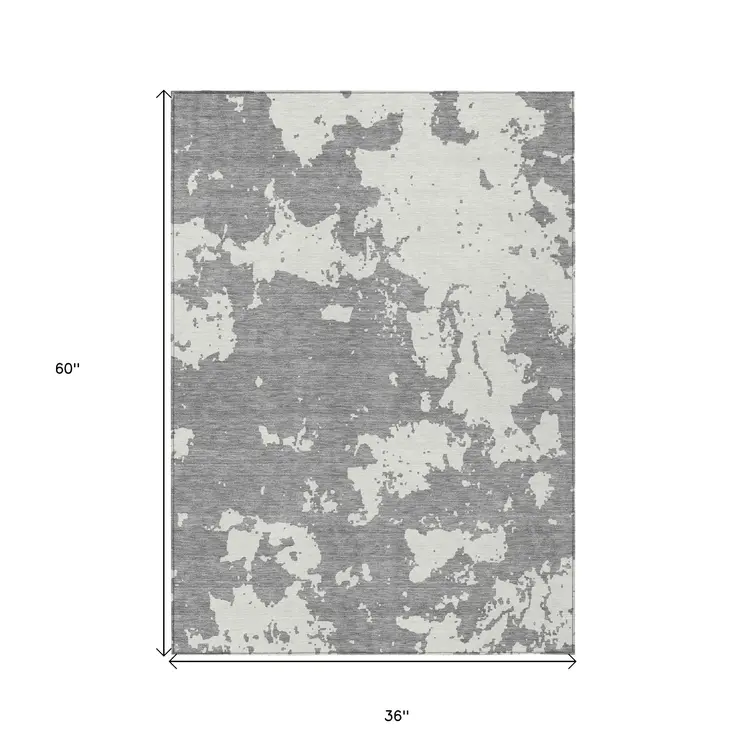 3' X 5' Gray And Ivory Abstract Washable Indoor Outdoor Area Rug