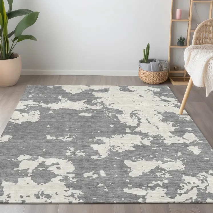 3' X 5' Gray And Ivory Abstract Washable Indoor Outdoor Area Rug