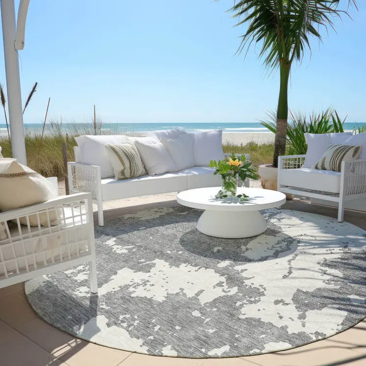 8' Gray And Ivory Round Abstract Washable Indoor Outdoor Area Rug