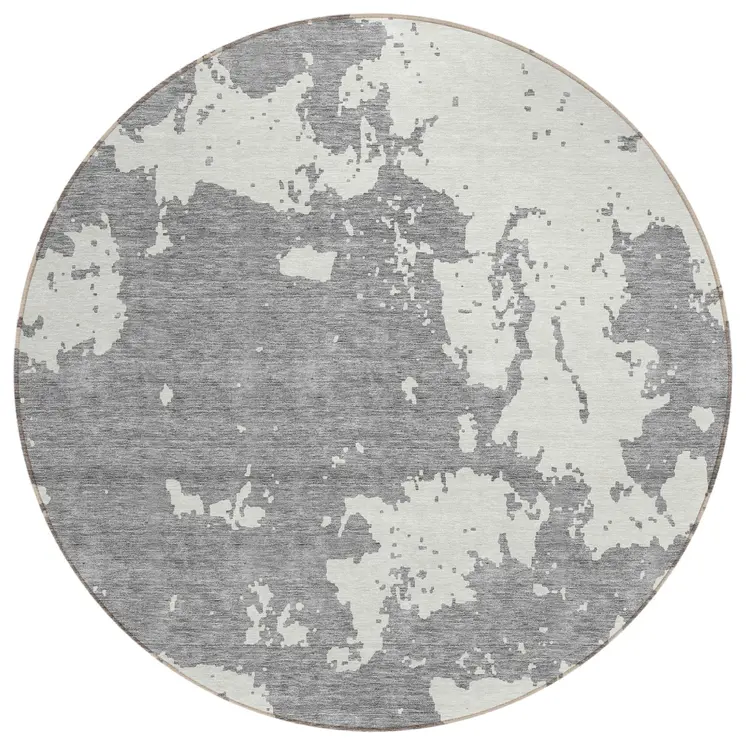 8' Gray And Ivory Round Abstract Washable Indoor Outdoor Area Rug