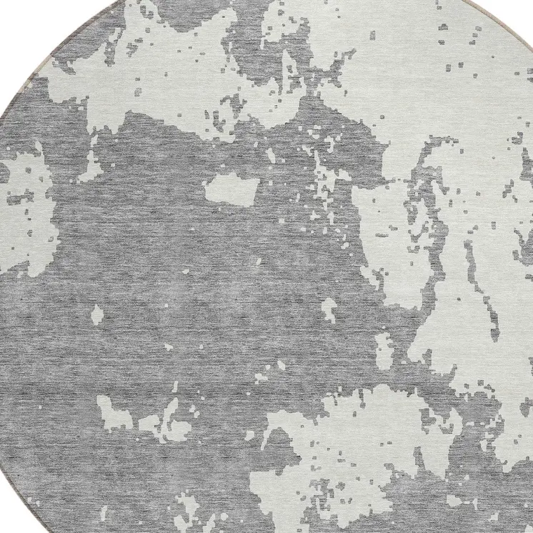 8' Gray And Ivory Round Abstract Washable Indoor Outdoor Area Rug