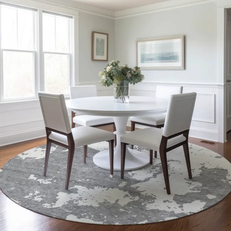 8' Gray And Ivory Round Abstract Washable Indoor Outdoor Area Rug